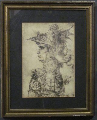 An 18th Century monochrome print "Helmeted Gentleman" the reverse with Newgate Gallery label 11" x 7 1/2"
