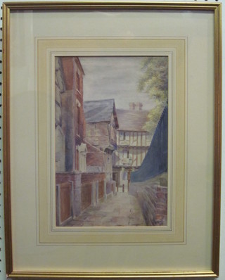 G Kellam, watercolour drawing "Tudor Buildings with  Walkway" 11" x 8"