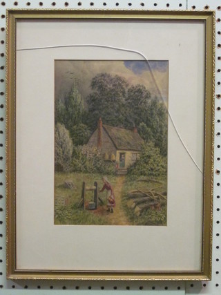 Watercolour drawing "Country Cottage with Figure Drawing  Water in Garden" 9" x 6 1/2", monogrammed S R