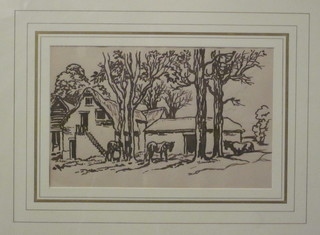 Anton Lock, Pen and ink drawing "Farm Buildings with Horses"  6 1/2" x 10 1/2", the reverse labelled