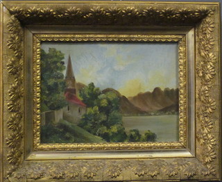 Continental oil on board "Church by a Mountain Lake" 5" x 6  1/2"