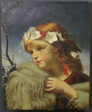A 19th Century Continental oil on board, head and shoulders  portrait "Garlanded Girl" 10" x 8"
