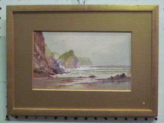 T Leyton, watercolour "Seascape with Cliffs" 4" x 7"