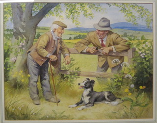 Kenneth Langstaff, watercolour "Shepherd, Farmer and Border Collie" 12" x 16"