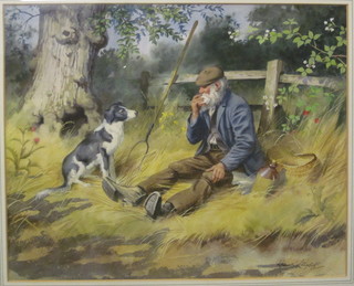 Kenneth Langstaff, watercolour "Seated Farmer and Border Collie" 14" x 18"