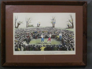A reproduction coloured print "Jim Ward, Pictures For The  Great Fight Between Tom Sayers and J C Heane" 9" x 14"