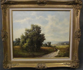 Brantler, oil on canvas "Rural Scene with Figures Walking" 19"  x 23"