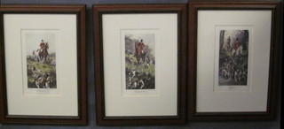 After George Wright, 3 coloured hunting prints - "Drawing The  Gorse, Settling Down to It and Homeward" 8" x 4"
