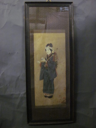 An Oriental print on silk panel "Geisha Girl" 27" x 12"