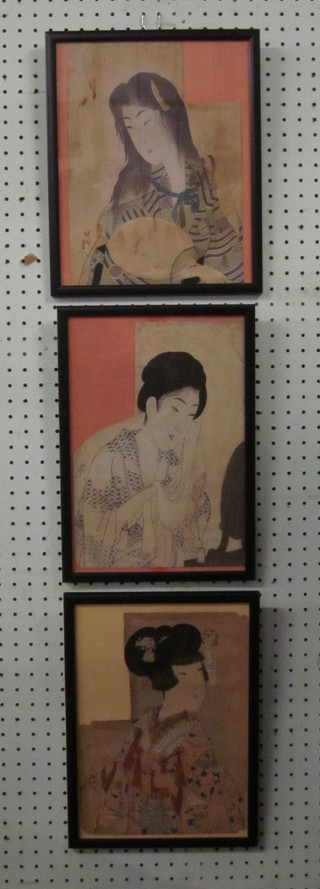 3 Japanese prints on silk panels 12" x 8"