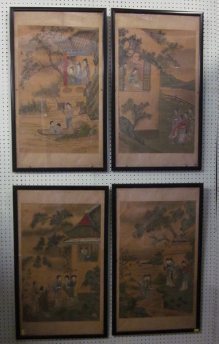 4 Oriental prints on silk panels depicting figures 28" x 16"