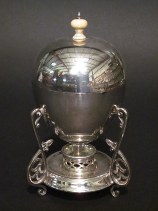 A silver plated egg boiler with ivory finial and burner, f,