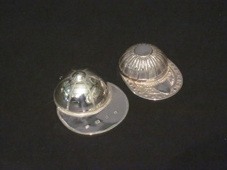 2 modern silver caddy spoons in the form of a jockey's caps