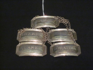5 modern silver lozenge shaped decanter labels - claret, sherry,  brandy, whisky, 1 plain,
