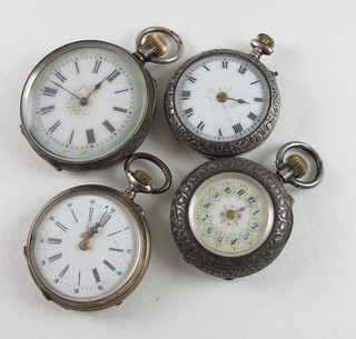 4 various Continental fob watches with enamelled dials