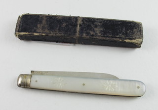 A Victorian silver bladed folding fruit knife with mother of pearl  handle, Birmingham 1886
