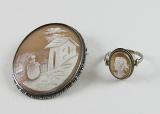 A shell carved cameo ring together with a brooch