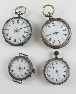 3 open faced pocket watches and a lady's wristwatch with enamelled dial