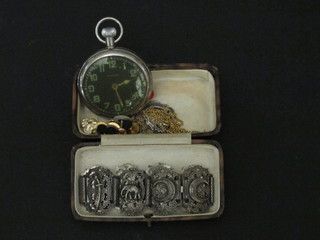 An Eastern pierced white metal bracelet decorated elephants, a  silver watch chain medallion, a fine gold chain and an open faced  pocket watch