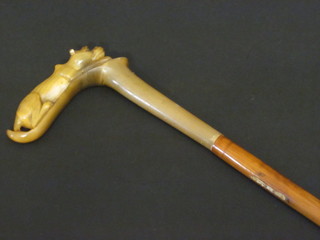 A Malacca cane with carved horn handle decorated a stylised dog