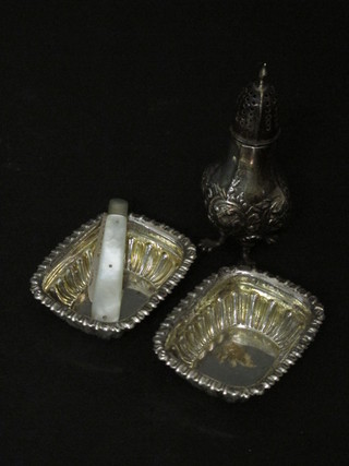 A silver pepperette, 2 rectangular embossed silver salts and a silver bladed fruit knife with mother of pearl grip