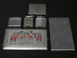 An Indian pierced aluminium cigarette case, a chromium plated aide memoir and 3 cigarette lighters