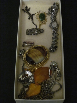 A lady's Olma cocktail wristwatch in a marcasite case and a small collection of costume jewellery