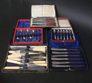 A set of 6 silver plated fish knives and forks, 2 sets of tea knives,  a set of 6 silver plated teaspoons and tongs and a set of 6 silver  plated teaspoons