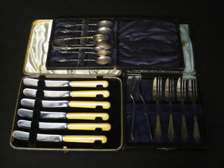 A set of 6 tea knives, 6 silver plated pastry forks and a set of 6 silver plated teaspoons and tongs
