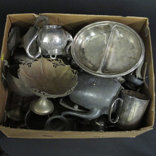 A box containing a collection of silver plated coffee pots, entree  dishes, etc,