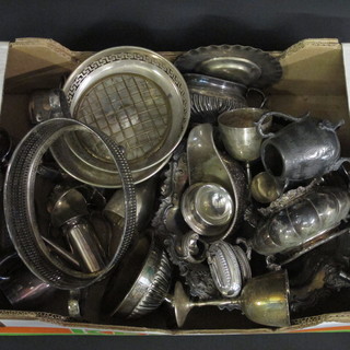 A box containing various silver plated flatware