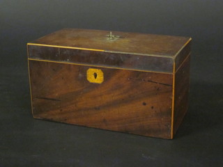 A 19th Century rectangular inlaid mahogany twin compartment  tea caddy with hinged lid 9"