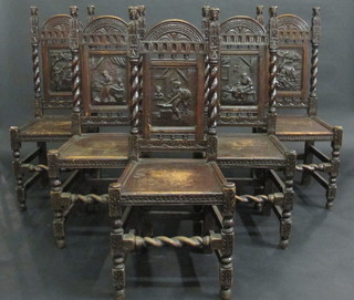 A set of 5 Continental carved oak high back dining chairs with solid seats, raised on turned and block supports