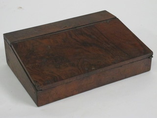 A Victorian walnut writing slope with hinged lid, the interior fitted 2 cut glass square bottles 14", hinge f,