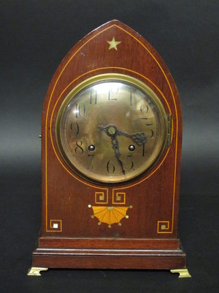 An Edwardian bracket clock with gilt dial and Arabic numerals contained in an inlaid mahogany lancet case   ILLUSTRATED