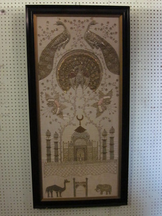 An Indian embroidered panel depicting the Taj Mahal and  fabulous birds, 39" x 17"
