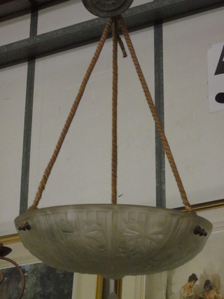 A circular glass light shade with vinery decoration 14"
