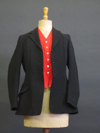 A lady's red Hunt waistcoat by Moss Bros. together with a black Hunt coat by Calcutt & Sons - size 36