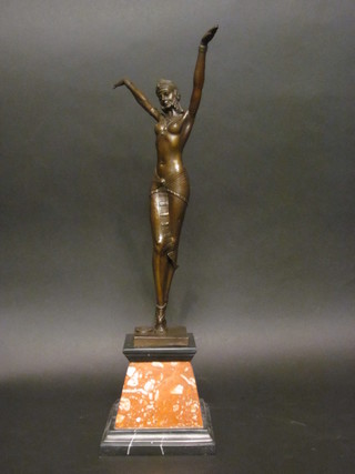 An Art Deco style bronze figure of a standing semi-naked lady,  raised on a square tapering marble base 22"