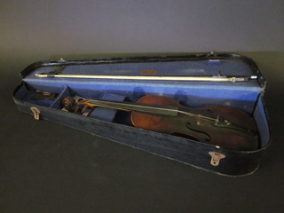 A violin with 2 piece back 13 1/2", with bow and fibre case