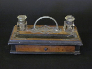 A Victorian wooden standish with pen receptical and 2 cut glass  inkwells 10"