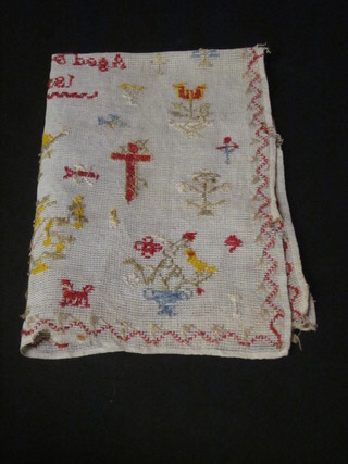 A sampler by Phoebe Annie Moisey with alphabet, crosses and birds, dated 1895 26" x 16 1/2", unframed together with 1 other  unframed sampler