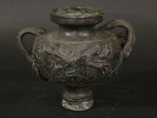 A 19th Century Oriental bronze twin handled vase 10"