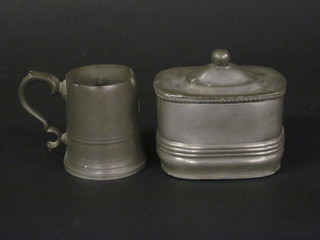 A rectangular pewter caddy 4" and a pewter half pint tankard