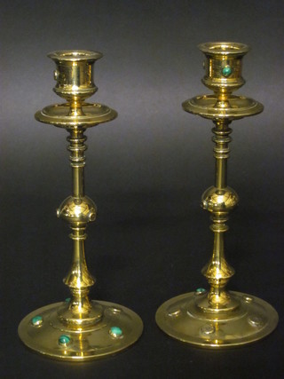 A handsome pair of Victorian brass candlesticks set cabouchon  malachite 8", some missing,