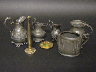 3 various pewter cream jugs, pewter tankard, twin handled sugar  bowl and a compact