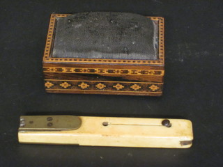 A rectangular Tonbridge ware pin cushion with sliding lid 3"