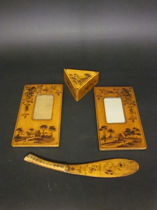 2 Edwardian painted wooden easel photograph frames 9" x 5", a triangular shaped trinket box and a Kukri shaped paper knife