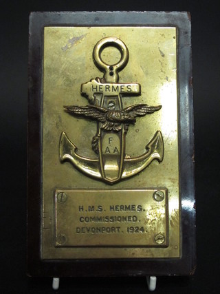 A brass ships plaque marked HMS Hermes, commissioned  Davenport 1924 5" x 3 1/2"