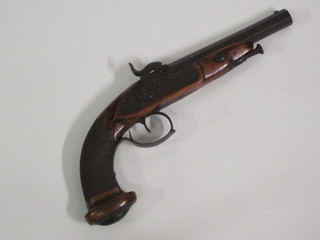 An 19th/19th Century box lock percussion pistol with 7"  octagonal barrel complete with ram rod   ILLUSTRATED